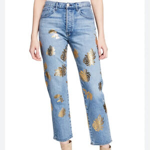 3x1 NYC Higher Ground Crop Straight Jeans 25 Women Eva Gold Floral Relaxed Denim